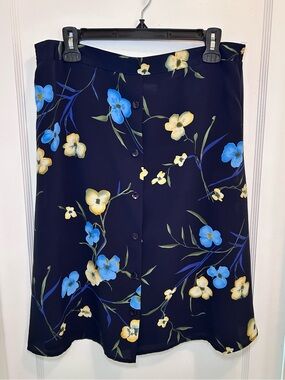 Jaclyn Smith Vintage Navy Floral A Line Midi Flowy Skirt Elastic Waist Womens XL